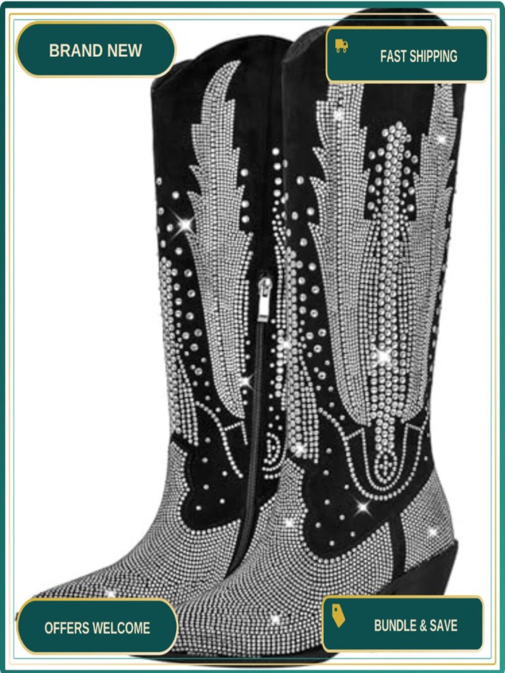 Women's Cowboy Boots Knee High Rhinestone Bling Chunky Heel Zip PU Pointed Toe